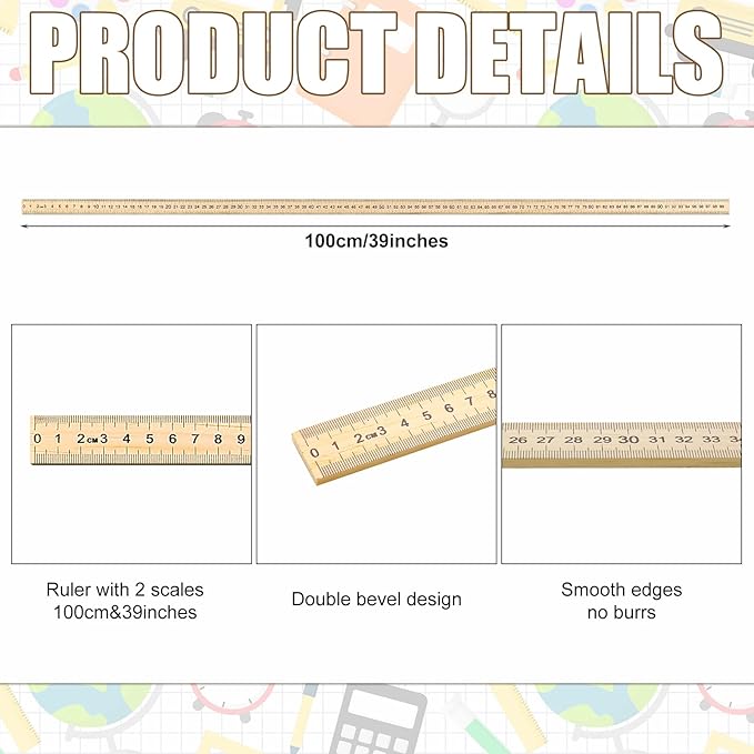 Treela 24 Pack 39 Inches Meter Stick Wood Ruler Economy Yard Stick Double Sided Heavy Duty Thick Meter for School Classroom Home Office Kids Clothing Measuring