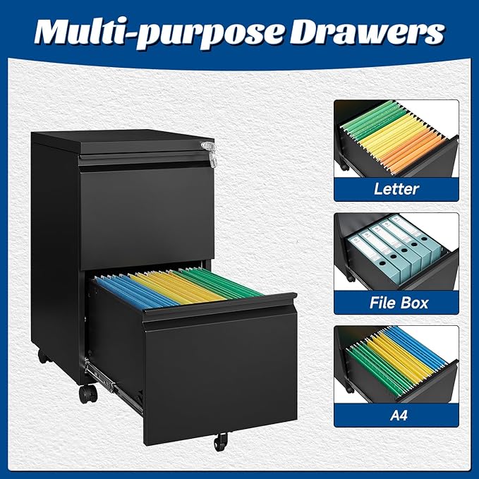 2 Drawers Vertical File Cabinet - Fully Assembled Black Under Desk Mobile Filling Cabinet Small Lockable Home Office File Cabinets for A4/Letter/Legal Size