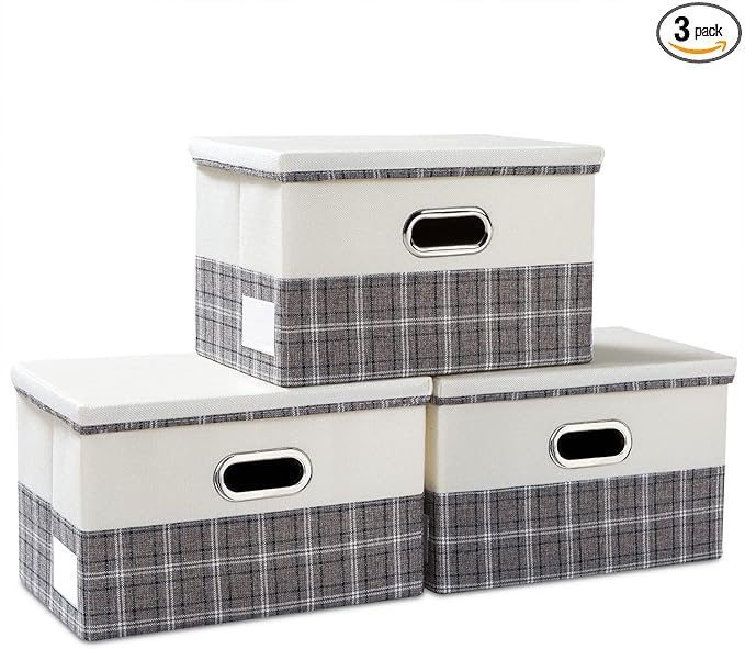 PRANDOM Collapsible Storage Bin with Lid [3-Pack] Fabric Foldable Storage Box Organizer Container Basket Cube with Cover for Home Bedroom Closet Office Nursery Gray plaid & Cream(14.9x9.8x9.8)