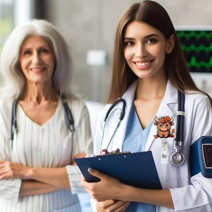 Cow Badge Reel Retractable ID Name Holder Alligator Clip DIY Crafts Halloween Cute Highland Cow Badge Reels Acrylic ID Clip for Nursing Nurse Teacher Student Badge Clip Decor