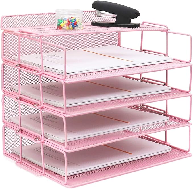 LUCYCAZ Desk Organizer - Stackable Paper Tray, 4 Tier Pink Letter Tray, 5 Trays Metal Paper Organizer for Desk, File Organizer for School Home and Office