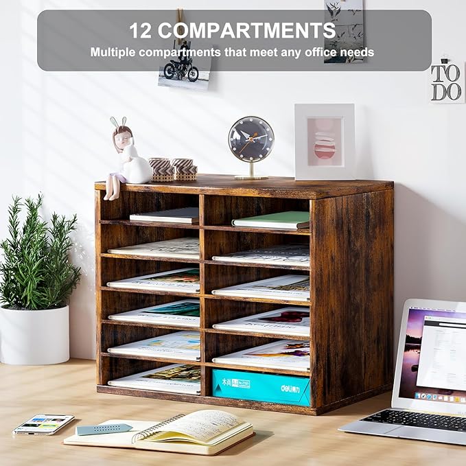 PAG Countertop Mail Sorter Organizer, Wooden Literature Organizer, Student Mailbox for Classroom, Desktop Bill Organizer for Office Home School, 12 Compartments, Antique Brown