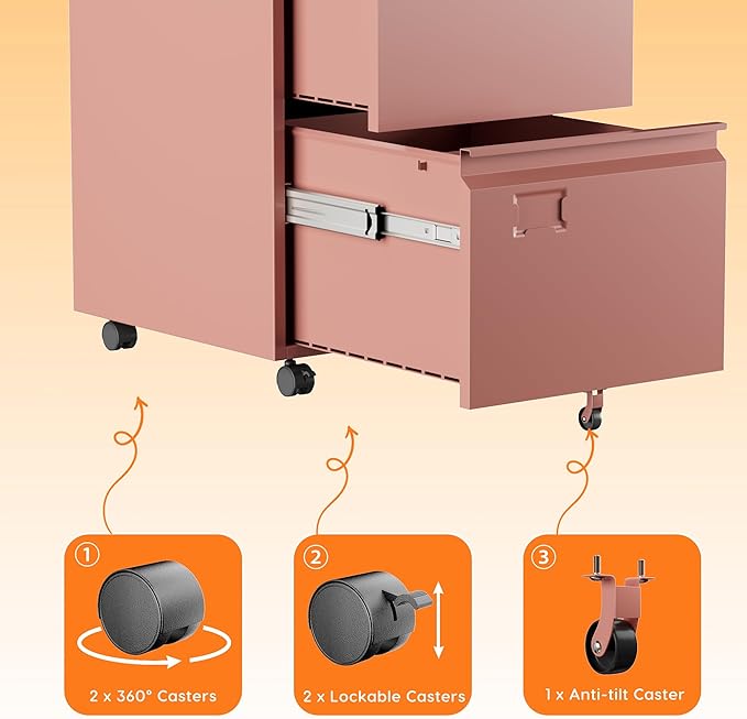 2 Drawer Mobile File Cabinet with Lock, Under Desk Metal Filing Cabinet for Office, Home,Vertical Cabinet Legal/Letter Size, Need to Assembled (Pink)