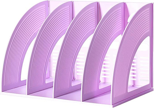 SAYEEC Magazine File Holder Folder Storage Desktop 4 Compartment Standing Hollow Purple Files Bookshelf Organizer Box Office Racks Displays Holds Notebooks Documents for School Working Students