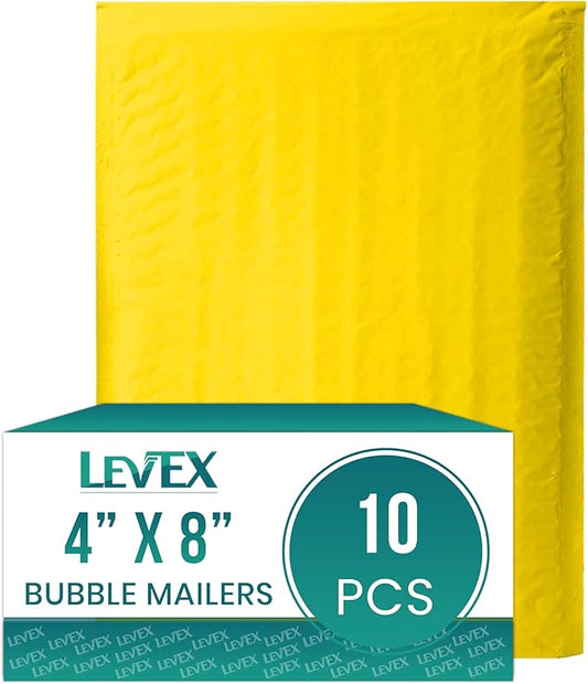 Levex - #000 4" x 8" [10 Pack] Yellow Poly Bubble Mailers, Padded Envelope Mailers, Packing Envelope & Mailing Bags for Shipping