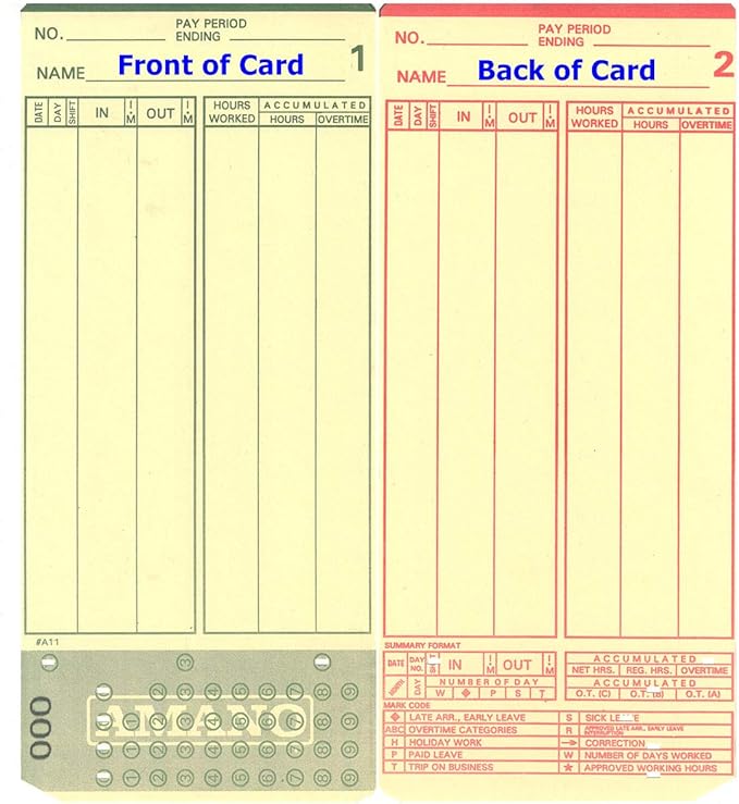 (400) Amano MJR-7000 and MJR-8000 Time Clock Cards, 000-099 Number Series