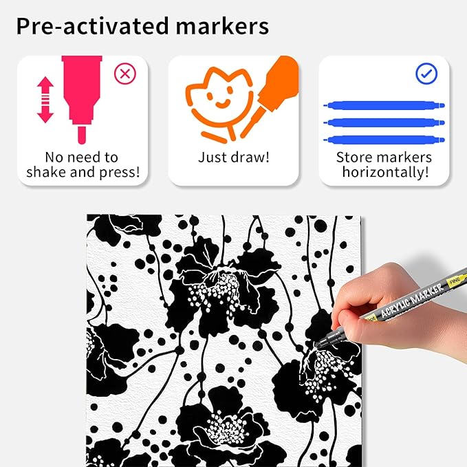 NAWOD 3 Black Acrylic Paint Pens, Acrylic Paint Markers Dual Tip (Fine 1mm + Dot 5mm), Acrylic Permanent Markers for Rock, Fabric, Canvas, Ceramic, Glass, Wood, Paper, Labeling, Drawing, DIY Crafts