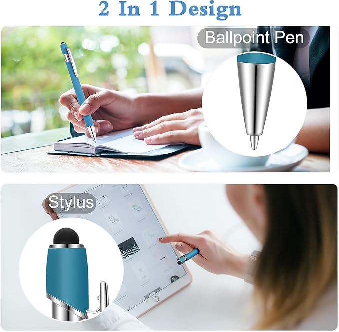 Tenare 12 Pieces 2 in 1 Stylus Metal Ballpoint Pen with Stylus Tip, 1.0 mm Black Ink Ballpoint Pen for Touch Screens(Blue-green)