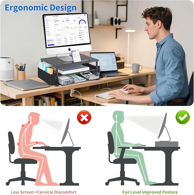 AUPSEN Wood Computer Monitor Stand Riser, 2-Tier Black Desk Organizer with Drawer, Pen Storage & Phone Holder ，Office Desk Accessories Desktop Organizer for Office Supplies