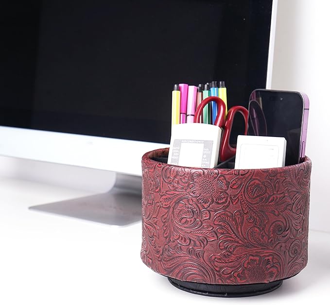 lizimandu Round Leather Art Supply Organizer,Remote Control Holder,360 Degree Spinning,Multi-Functional Pencil Holder,4 Compartments Desktop Stationary Organizer(1-Carved Red)