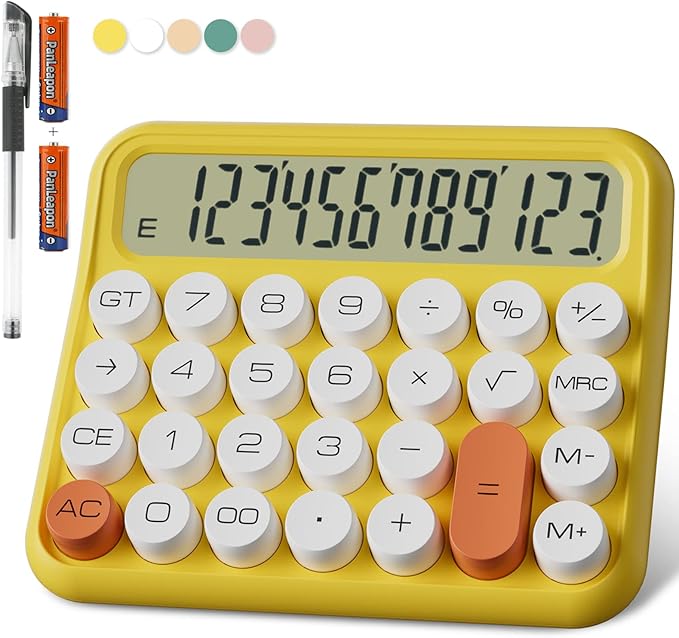 DECKLIT Mechanical Calculator 12 Digit, 5-Inch LCD Display, Battery Desk Calculator With Big Buttons, 15 Tilt Screen for Office and Kids (Yellow)