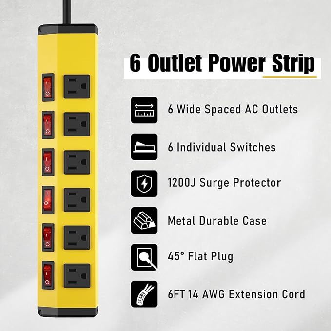 ANNQUAN 4PCS 6 Outlet Metal Power Strip with 6 Individual Switches,Heavy Duty Power Strip 1200J 15A 6FT Cord Home Office Industrial Commercial Shop