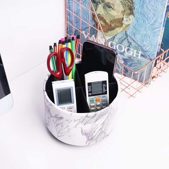 Round Leather Art Supply Organizer,Remote Control Holder,360-degree Rotating Pen Organizer with 4 Compartments(1-Marble White Silver)