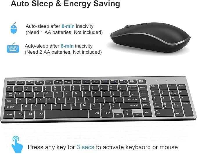 JOYACCESS Wireless Keyboard and Mouse,2.4G Ergonomic and Slim Wireless Computer Keyboard Mouse Designed for Windows, PC, Laptop,Tablet - Black Grey