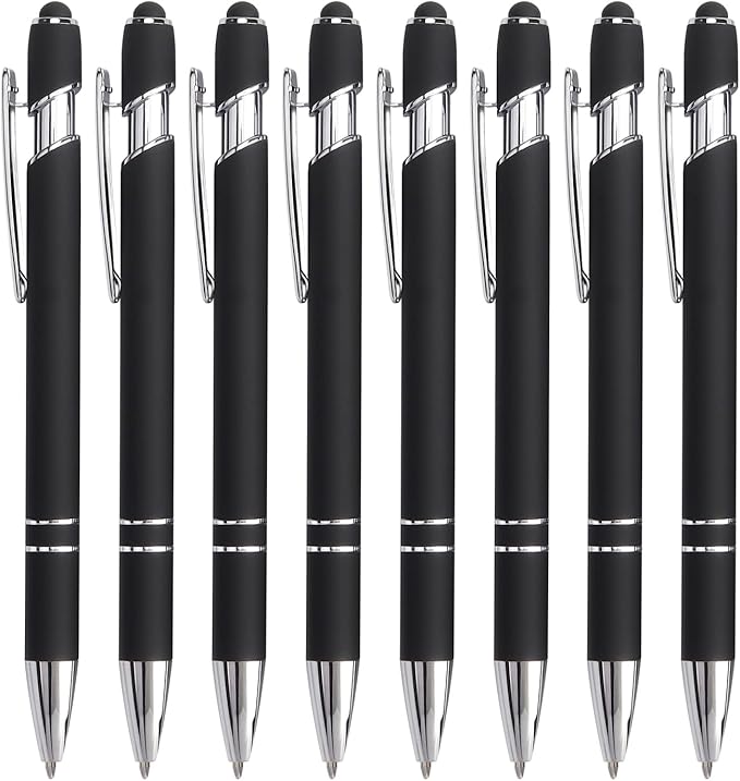 Bribobo 8 Pack Black Ballpoint Pen 2-in-1 Stylus - Retractable Metal Pen With Stylus Tip for Touch Screens, 1.0 mm Black Ink
