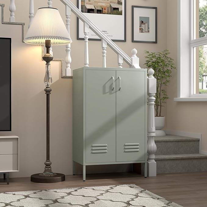 Metal Cabinet,Entryway Cabinet with Adjustable Shelves,Metal Storage Cabinet for Classroom,Living Room,Kitchen,Outdoor,Grey Green