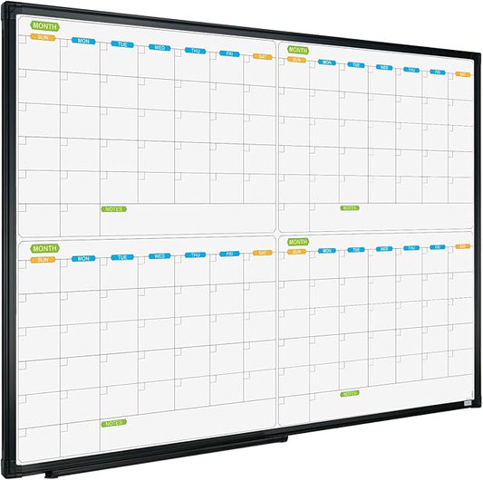 JILoffice Magnetic Dry Erase Calendar Whiteboard, 4 Month White Board Planner 36 X 24 Inch, Black Aluminum Frame Wall Mounted Board for Office Home and School