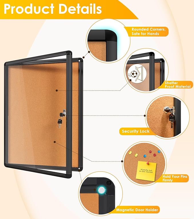 SWANCROWN Lockable Bulletin Board Notice Pin Cork Boards Tamper Proof Message Board for Photos Memos,26x20inch (4xA4)