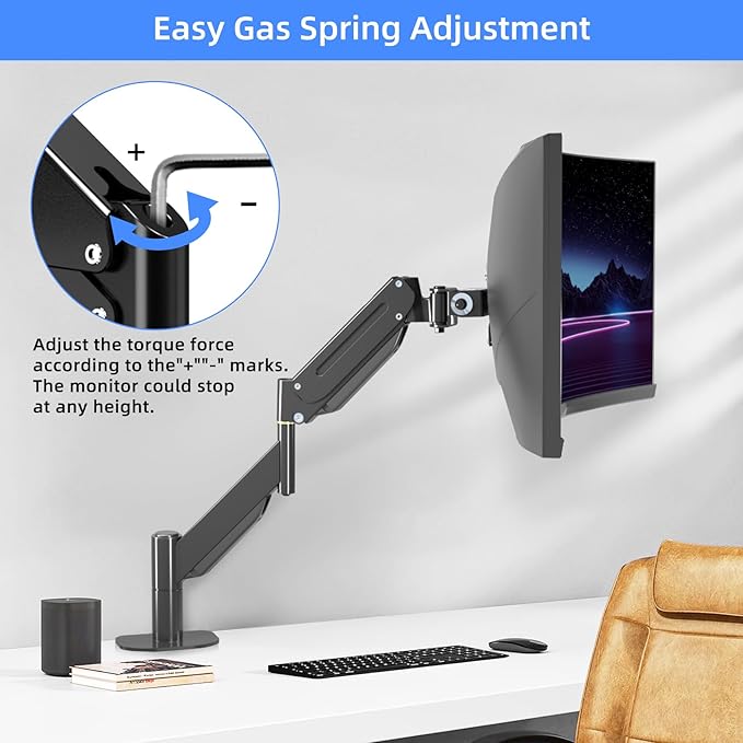 Suptek Ultrawide Monitor Arm Mount for 17 to 49 Inch Heavy Duty Curved Screen,Holds 46.2 lbs,Adjustable Gas Spring Monitor Arm Desk Mount Stand,75/100mm Vesa Mount,Black