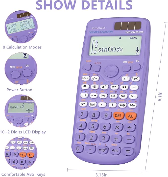 Scientific Calculators, IPepul Purple Math Calculator with 417 Function, Solar Battery Power and 4-Lines Display, School Supplies for Middle High College Students Teachers (Purple 991ES Plus)