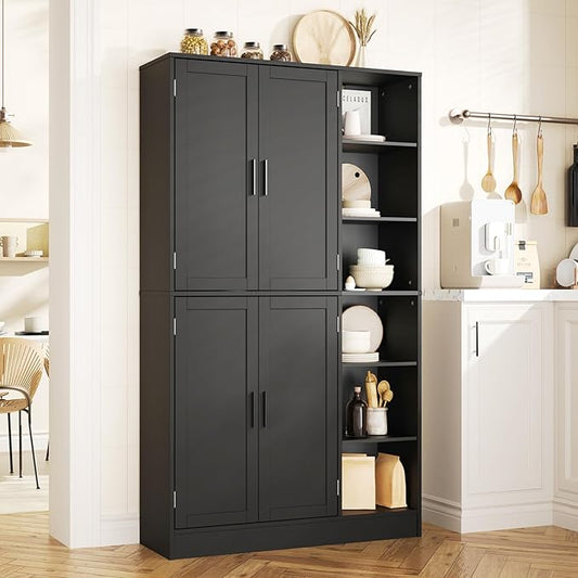 63" Tall Black Kitchen Pantry, Freestanding Storage Cabinet with 4 Doors, Adjustable Shelves for Dining Room, Laundry Room