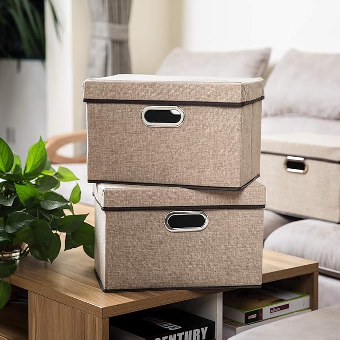 PRANDOM Collapsible Storage Cubes with Lids [3-Pack] Jute Fabric Foldable Storage Boxes Organizer Containers Baskets Bins with Cover for Home Bedroom Closet Office Nursery (14.9x9.8x9.8)