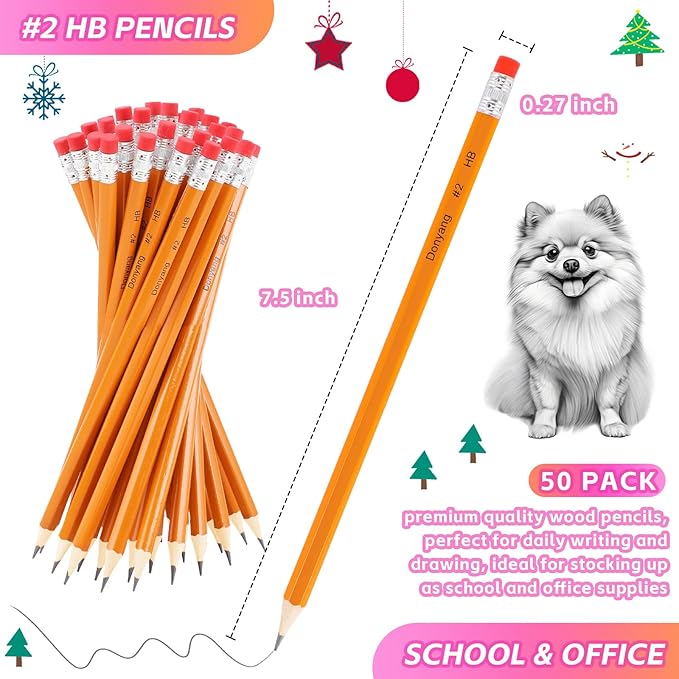 50 Pack #2 Pencils, Pre-Sharpened Pencils with Erasers, Bulk Yellow Graphite Pencils for School Teacher Supplies Office Essentials Desk Accessories, No 2 HB Pencil for Writing Drawing Sketching Gifts