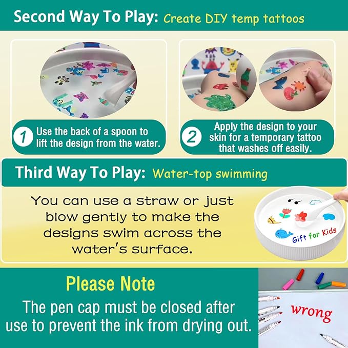 Magical Drawing Pens for Kids Water, Kiddies Create Magical Floating Drawings Bundle, 12 Colors Magic Water Painting Marker Set with 2 Spoons, Water Art Pen Kit for DIY Tattoo, Gifts for Boys & Girls