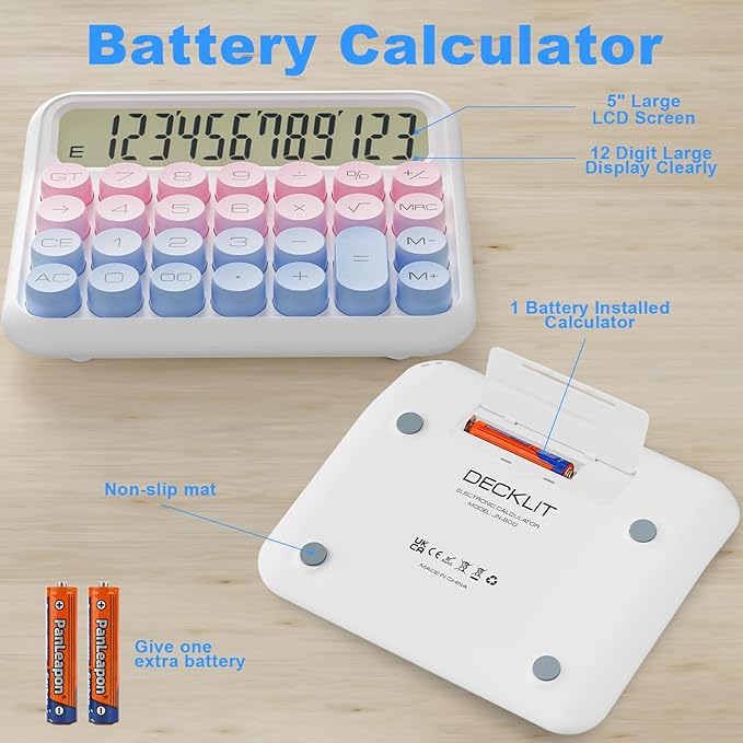Mechanical Calculator 12 Digit Extra Large 5-Inch LCD Display, DECKLIT Battery Desk Calculator, Big Buttons Easy to Press Office Calculators Desktop, 15°Tilt Screen for Kids Calculator(Blue&Pink)