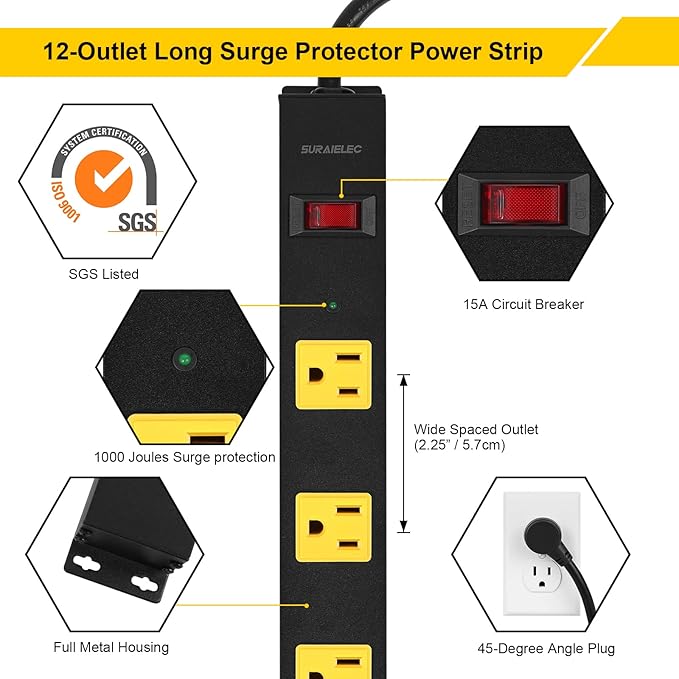 SURAIELEC 12 Outlet Long Metal Power Strip, 15 FT Cord Surge Protector, Angled Flat Plug, Wide Spaced Outlet Power Bar, 15A Breaker, Wall Mountable, Industrial Heavy Duty for Work Bench, Shop, Garage
