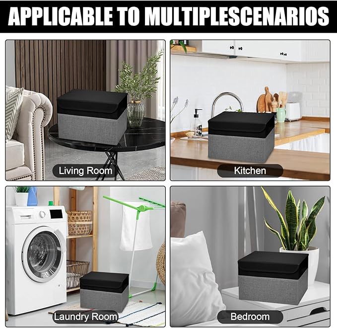 Large 22 Quart Linen Fabric Foldable Storage Bin Cube Organizer Basket with Flip-Top Lid & Handles, Clothes Blanket Box for Home, Office, Closet, Black & Gray, 4 Pack 14.6 x 9.5 x 9.5
