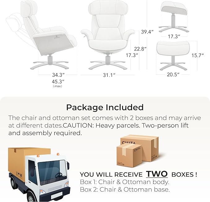 CHITA Genuine Leather Reclining Swivel Chair with Adjustable Headrest and Ottoman for Living Room, White