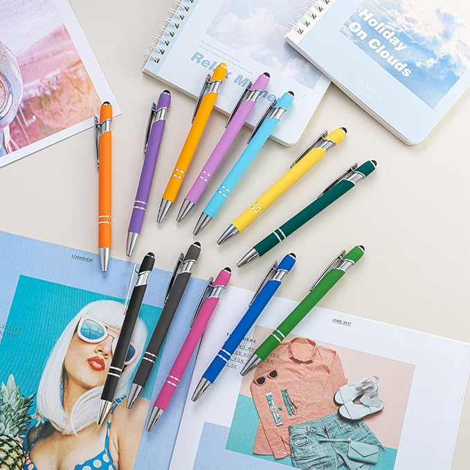 PASISIBICK 8 Pieces Ballpoint Pens with Stylus tip, 2-in-1 Stylus Retractable Ballpoint Pen, Metal Stylus Pen for Touch Screens, 1.0 mm Black Ink