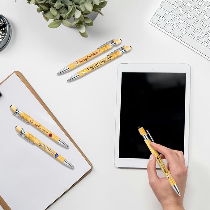 Personalized Pen Bamboo Pen with Stylus -Customizable Text Logo Name, Ballpoint Pens with Black Ink, Personalized Gift Ideas for Office School Business Home(30 Count/Pack)