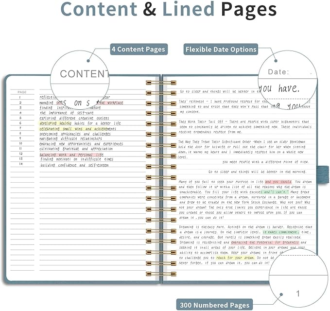 EMSHOI College Ruled Notebook, 300 Numbered Pages, B5 (7.48”x10.15”) PU Leather Hardcover, 100GSM Thick Paper – Perfect for Work, Writing, Journaling, Notes, Gray-Blue for Women & Men