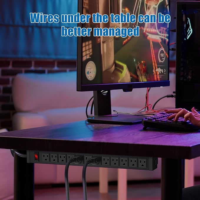 HHSOET Rotating Mountable Power Strip, 12 Outlet Wall Mount Surge Protector, Metal Heavy Duty and Versatile Outlet Strip, Stylish Appearance, Sturdy and Durable, 6ft Power Cord.(Black)