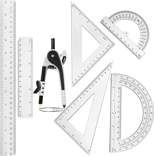 Zonon 1 Set Plastic Geometry Math Set 7 Pcs Includes 6'' / 4 '' Protractor, Drawing Compass, 45/60 Degree Triangle Rulers, 12'' / 6'' Math Ruler Transparent for Office Supplies(Clear)