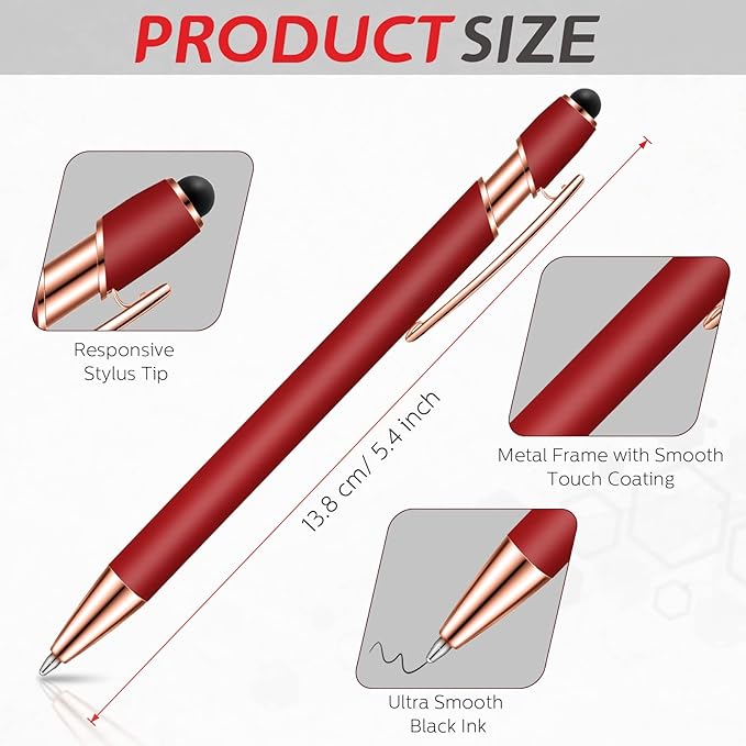 Tenare 12 Pieces 2 in 1 Stylus Metal Ballpoint Pen with Stylus Tip, 1.0 mm Black Ink Ballpoint Pen for Touch Screens(Wine Red and Rose Gold)