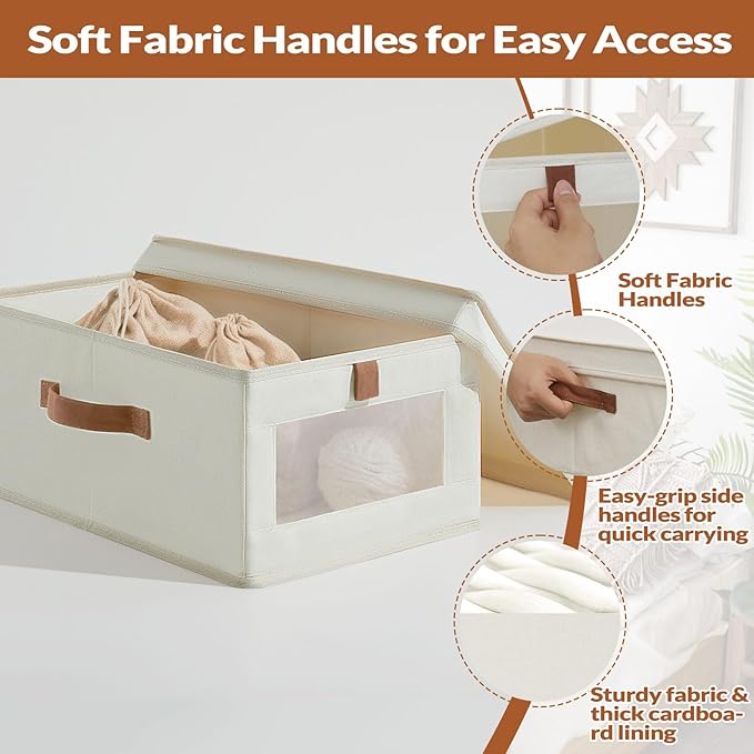 Fabric Storage Bins with Lids, Collapsible Closet Organizer with Sturdy Handles, Clear View Window, Stackable Storage Baskets for Clothes, Towels, Books, Hand Pull Closet Organizer Boxes-4-Pack, Beige