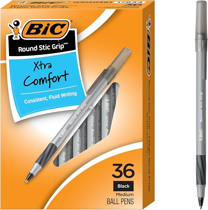 BIC Round Stic Grip Xtra Comfort Black Ballpoint Pens, Medium Point (1.2mm), 36-Count Pack, Perfect Writing Pens With Soft Grip for Superb Comfort and Control