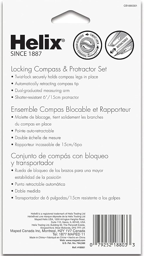 Helix - Plastic Locking Compass and Protractor - 2 Piece Set - Geometry, Drafting & Drawing