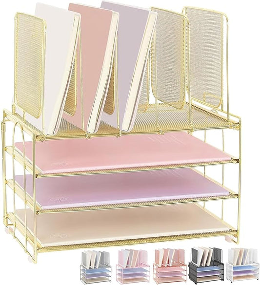 Desk Organizers and Accessories, 3-Tier Paper Organizer with 5 Vertical File Holders, File Organizer for Desk, Desk Accessories & Workspace Organizers (Gold, 3T)