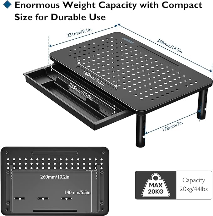 BONTEC 2 Pack Adjustable Monitor Stand Riser with Drawer, Ergonomic Mesh Platform for Laptop, PC, iMac, Printer, Supports up to 44 lbs/20kg with Cable Management Included
