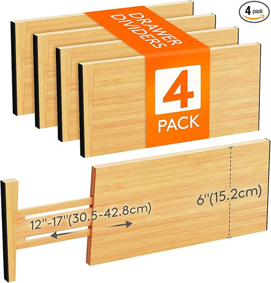 Lifewit 4 Pack Drawer Dividers Bamboo 6" High, 11-17" Adjustable Drawer Organizers for Clothes, Expandable Dresser Separators in Bedroom/Bathroom/Kitchen/Fridge/Office Organization and Storage