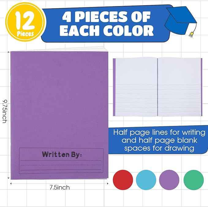 Henoyso 12 Pcs Primary Composition Notebook K-2 9 3/4 x 7 1/2 Inch Primary Journal, Back to School Supplies, Bulk Blank Writing Book for Kid to Write Draw Journal 60 Page Notebooks (Mixed Color)