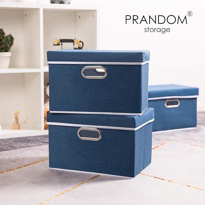 PRANDOM Foldable Storage Bin with Lid [5-Pack] Linen Fabric Decorative Storage Box Organizer Container Basket Cube with Handles Divider for Closet Office Living Room Royal Blue(14.9x9.8x9.8)