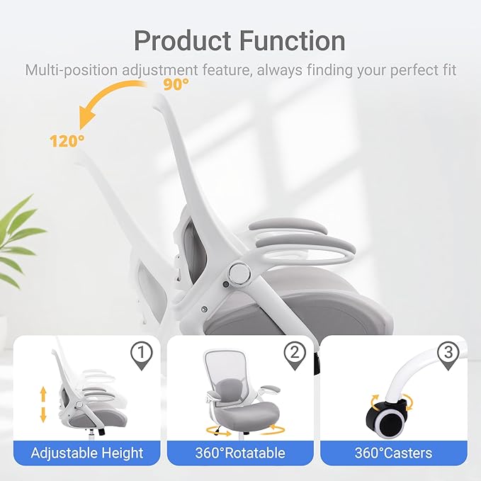 HYLONE 400lbs Heavy Duty Office Chair, 5" Thickened Seat Ergonomic Desk Chair with Adjustable Armrests, Home Office Computer Chairs for Long Hours Mesh Executive Chair(Grey)