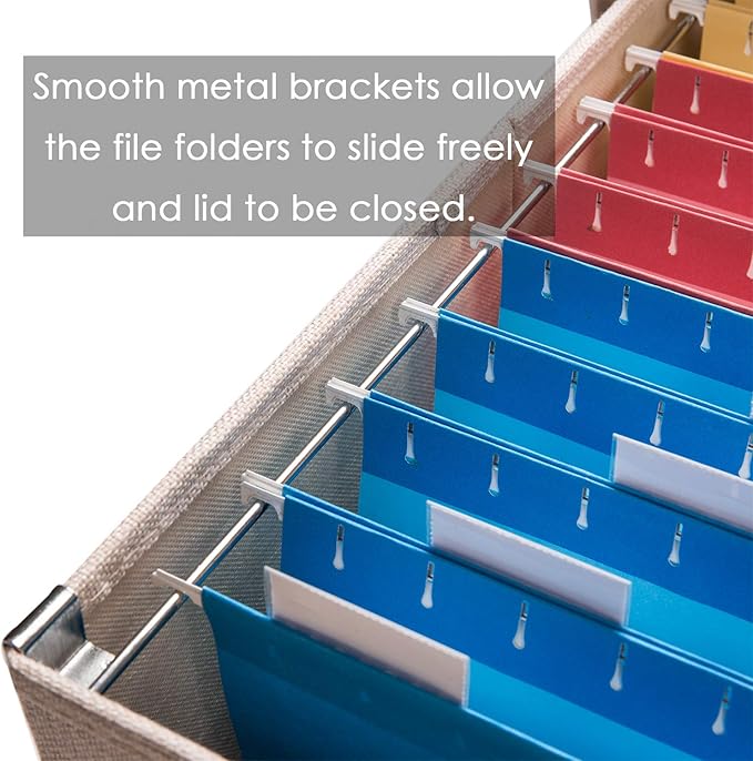 PRANDOM File Organizer Box - Set of 4 Collapsible Decorative Linen Filing Storage Hanging File Folders with Lids Office Cabinet Letter Size Light Grey (14x9.3x10.8 inch)