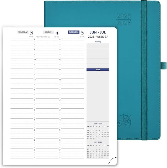 POPRUN Weekly Planner 2025-2026, 7.25'' x 8.5'', 15-Minute Hourly Appointment Book (July 2025-June 2026) with PU Leather Softcover, Monthly Tabs, Inner Pocket - Pacific Green