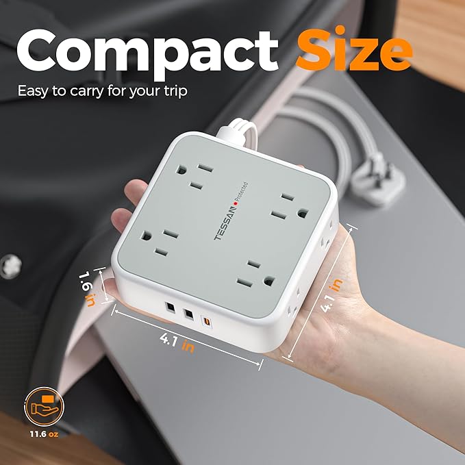 Surge Protector Power Strip, TESSAN 5 Ft Flat Plug Extension Cord with Multiple Outlets, 3 USB (1 USB C PD 20W), 8 Outlets, 900J Surge Protection, for Home, Office, Dorm Room Essentials, 1250W